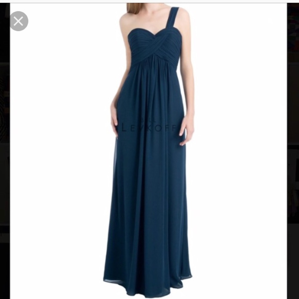 Bill Levkoff chiffon navy bridesmaid dress.